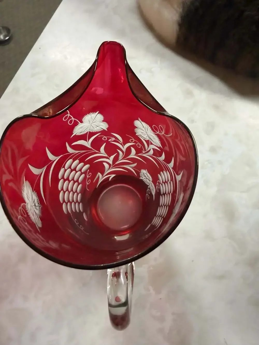 Vintage Ruby Red Glass Pitcher With Frosted Grape-And-Vine Motif And Clear Appli